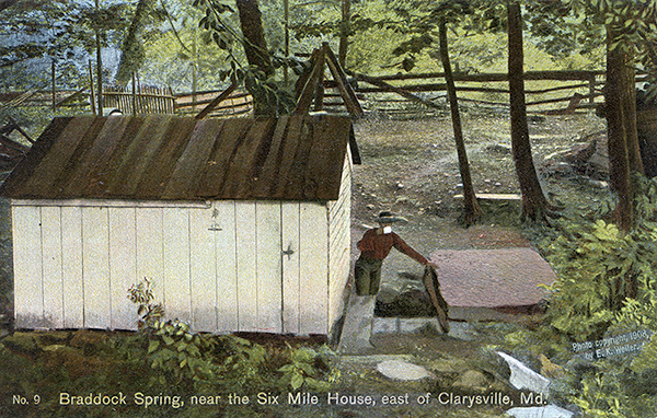 John Kennedy Lacock Braddock Road Postcard #9: Braddock's Spring, near the Six Mile House, east of Clarysville, Md.