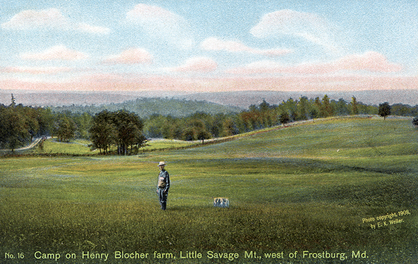 John Kennedy Lacock Braddock Road Postcard #16: Camp on Henry Blocher farm, Little Savage Mountain, west of Frostburg, Md.