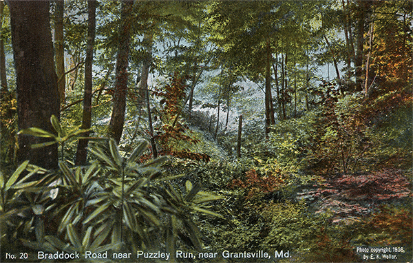 John Kennedy Lacock Braddock Road Postcard #20: Braddock Road near Puzzley Run, near Grantsville, Md.