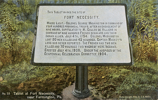 John Kennedy Lacock Braddock Road Postcard #33: Tablet at Fort Necessity, near Farmington, Pa.