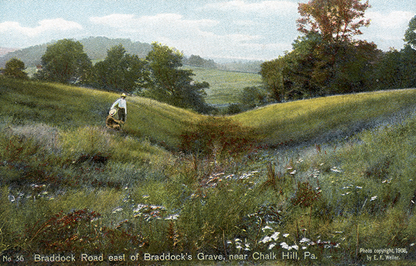 John Kennedy Lacock Braddock Road Postcard #36: Braddock Road east of Braddock's Grave, near Chalk Hill, Pa.