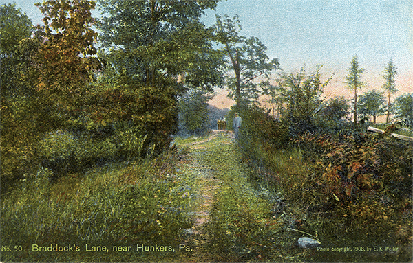 John Kennedy Lacock Braddock Road Postcard #50: Braddock's Lane, near Hunkers, Pa.