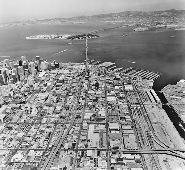 San Francisco at the western end of the Bay Bridge