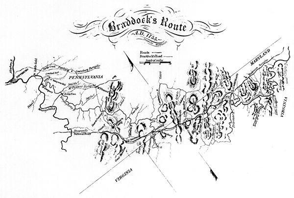 Middleton's map of Braddock's Road (and challenged by Lacock)
