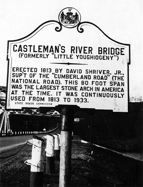 Historical marker at Casselman River bridge, 1934