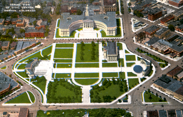 Aerial view of the Civic Center and the Carnegie Old Public Library