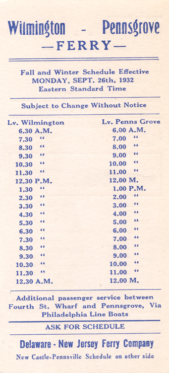 1932 Timetable for the Penns Grove-Wilmington Ferry