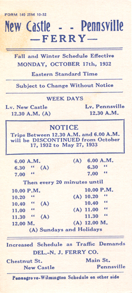 1932 Timetable for the Pennsville-New Castle Ferry